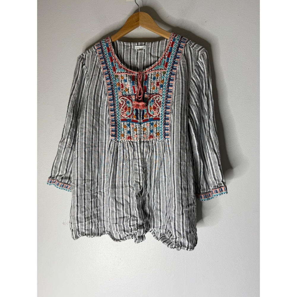 J. Jill Love Linen Striped Embroidered Tunic Top Navy White 1X Boho Coastal